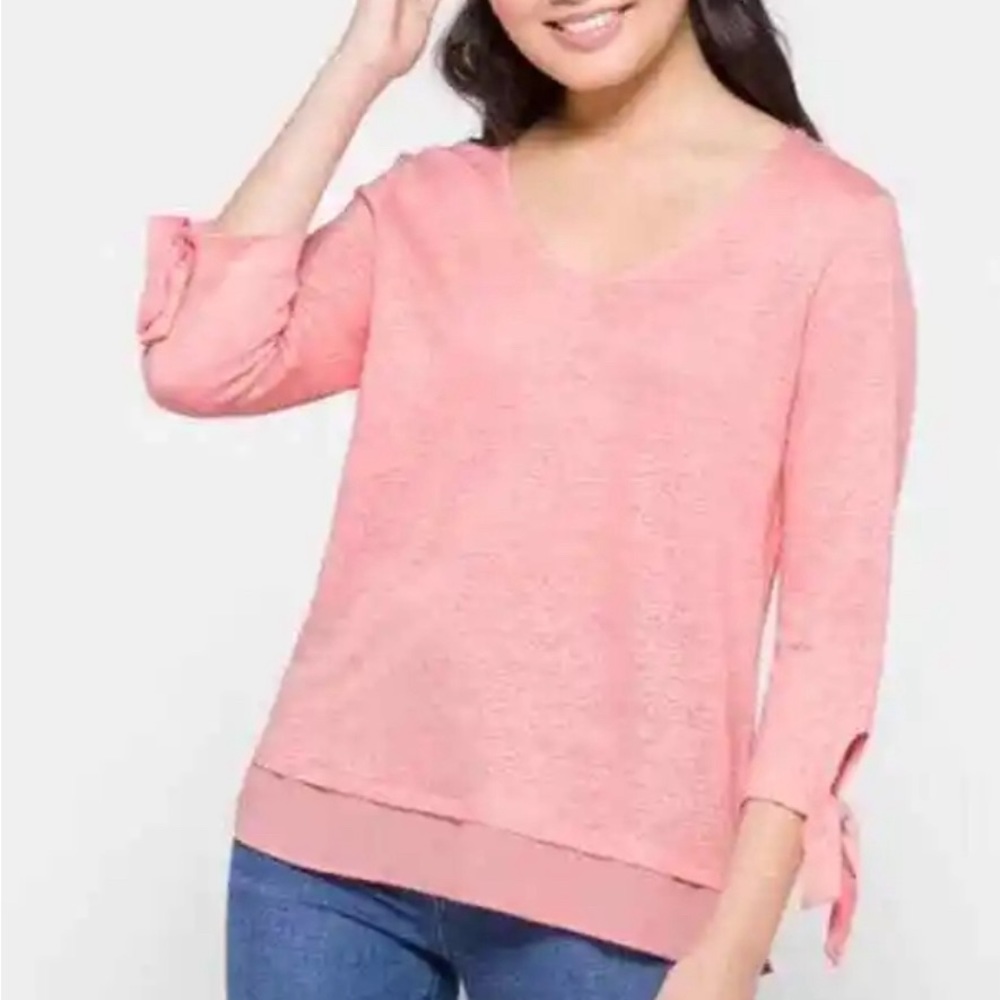 Sanctuary linen pink tie 3/4 sleeve top sheer trim spring summer lightweight XL